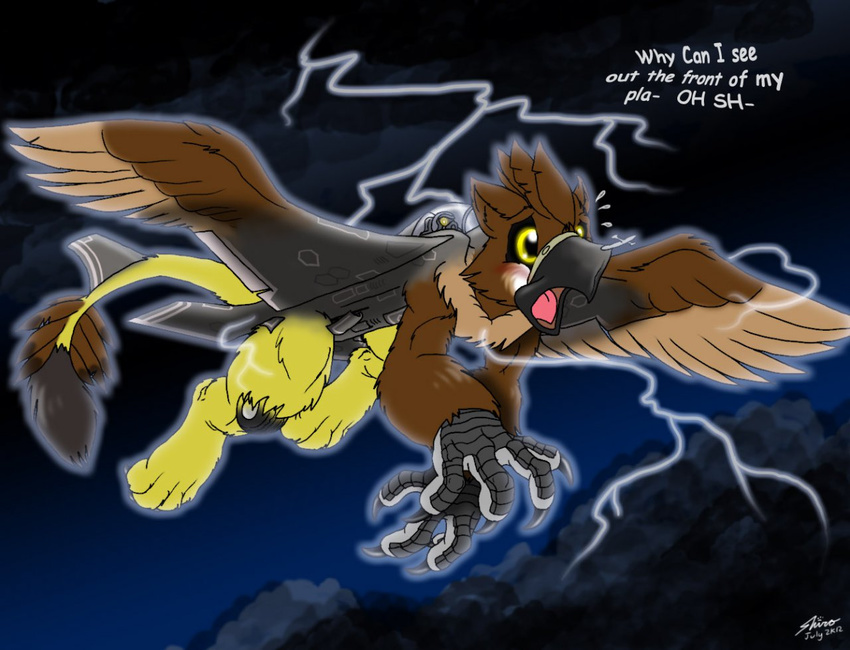 aircraft airplane avian beak catmonkshiro claws cloud clouds english_text feathers feral flying gryphon lightning male paws scales sky solo spread_wings storm text transformation wings yellow_eyes