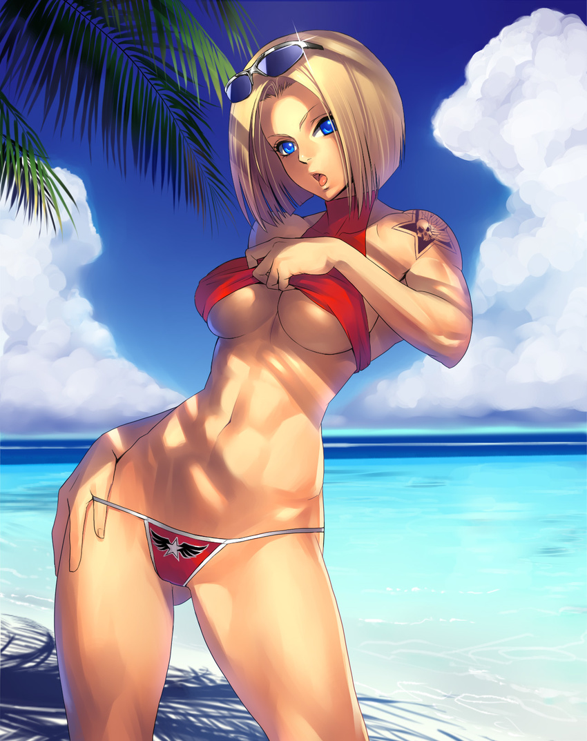 abs beach bikini blonde_hair blue_eyes blue_mary breasts contrapposto day fatal_fury hand_on_hip highres hips large_breasts navel ogami short_hair solo standing sunglasses swimsuit tattoo the_king_of_fighters toned underboob