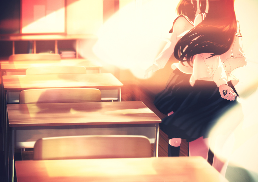 arms_behind_back black_hair black_legwear black_skirt classroom desk highres holding implied_kiss indoors knife long_hair multiple_girls niketora original pleated_skirt school_desk school_uniform serafuku shirt short_hair skirt white_shirt yuri