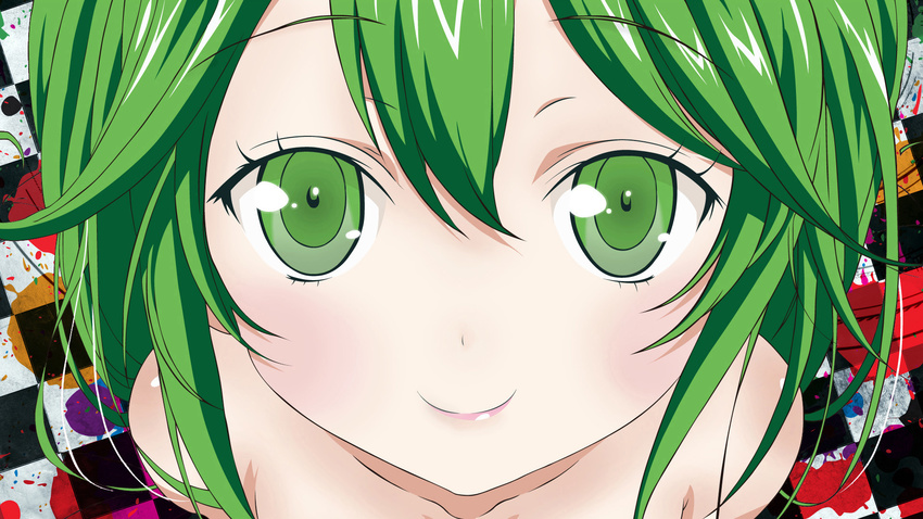 alternate_hair_color bare_shoulders collaboration collarbone commentary_request denpa_onna_to_seishun_otoko derivative_work face green_eyes green_hair highres hiiragi_ryou kanata_(harukakanatahe) long_hair looking_at_viewer smile solo touwa_erio