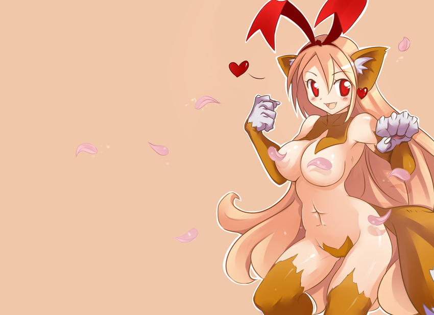 animal_ears blonde_hair breasts bunny_ears cat_ears censored convenient_censoring cosplay crotch_plate detached_collar disgaea fang flonne flonne_(fallen_angel) fur hairband highres large_breasts long_hair makai_senki_disgaea midriff navel nekomata_(disgaea) nekomata_(disgaea)_(cosplay) open_mouth paws petals red_eyes revealing_clothes simple_background solo strapless_bottom tail tusia very_long_hair