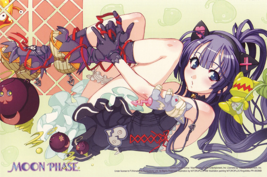 animal_ears bell bell_collar blue_eyes blush boots cat_ears collar corset cross dress eyecatch flat_chest frills gloves gothic_lolita hairband hazuki_(tsukuyomi) heart high_heels jingle_bell leg_garter legs_up lolita_fashion long_hair lying nishii_(nitroplus) on_back open_mouth ponytail purple_hair ribbon robot scan shoes short_dress skirt solo stuffed_animal stuffed_toy tsukuyomi_moonphase vampire