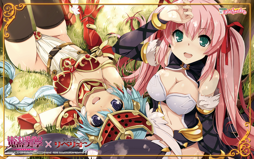 2girls arm_up armor black_legwear blue_eyes blue_hair bracelet breasts cleavage cleavage_cutout copyright_name crossover detached_sleeves garter_straps gauntlets greaves green_eyes hagure_yuusha_no_estetica headgear highres jewelry large_breasts loincloth long_hair lying medium_breasts mirim multiple_girls navel official_art on_back ousawa_miu pauldrons pink_hair queen's_blade queen's_blade_rebellion sitting smile thighhighs tsurugi_hagane twintails wallpaper