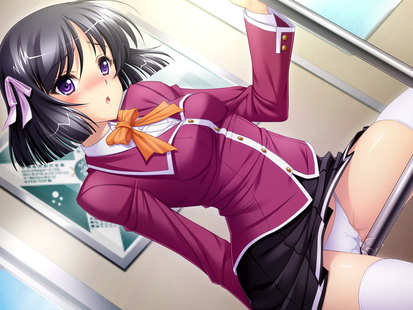 1girl black_hair blush chikan game_cg grinding hair_ribbon highres inraku_chikan_densha lingerie masturbation panties purple_eyes pussy_juice ribbon rubbing school_uniform short_hair solo thighhighs train train_interior underwear white_legwear