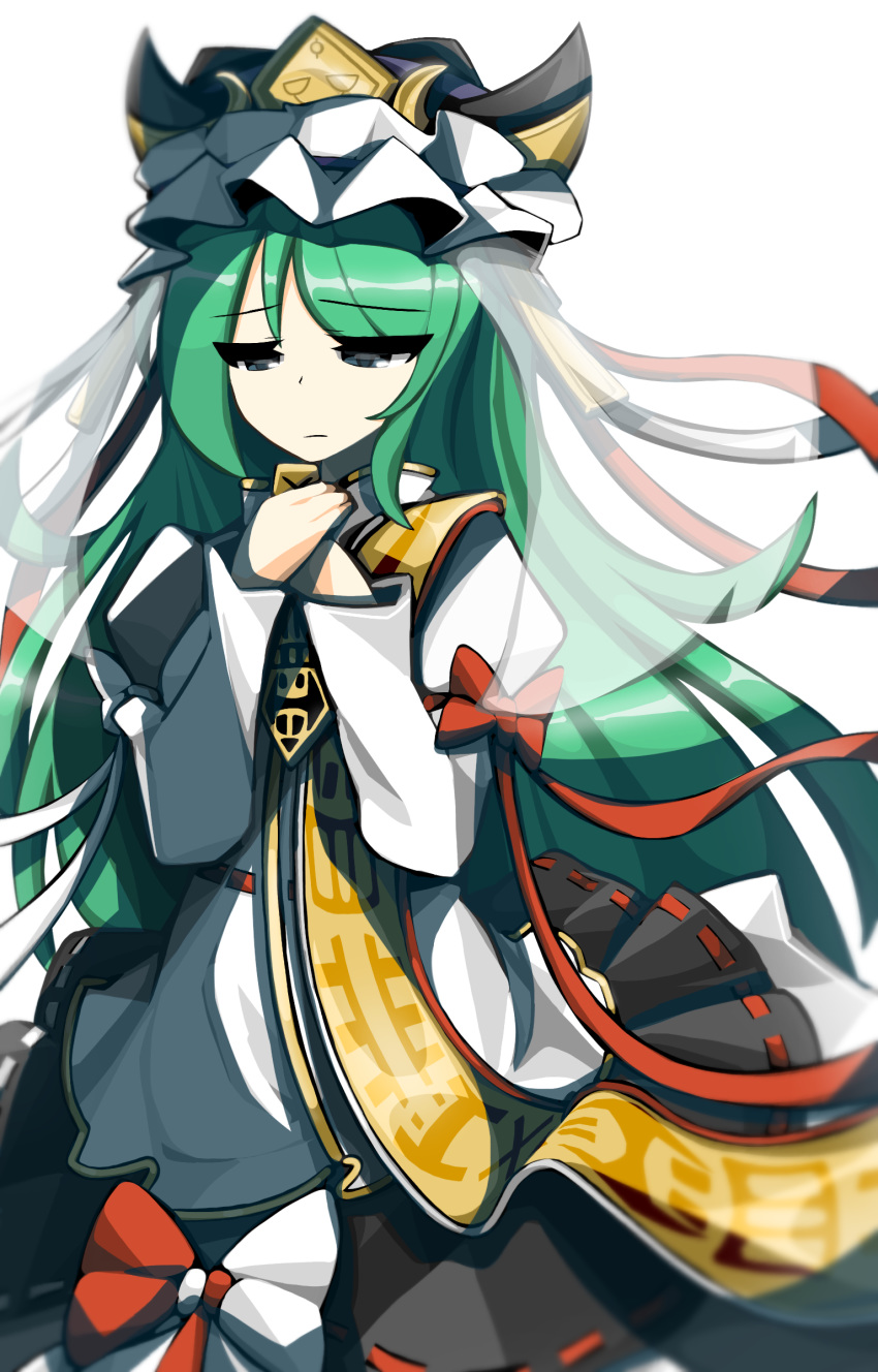 1girl absurdres alternate_costume arm_garter asymmetrical_hair black_hat black_skirt bow breasts closed_mouth enma_(mythology) eyebrows_visible_through_hair green_hair grey_eyes hair_between_eyes hands_on_own_chest hat highres holding kaliningradg long_hair long_sleeves looking_down red_ribbon ribbon ribbon-trimmed_skirt ribbon_trim rod_of_remorse sad shiki_eiki simple_background skirt solo standing touhou veil vest white_ribbon white_vest