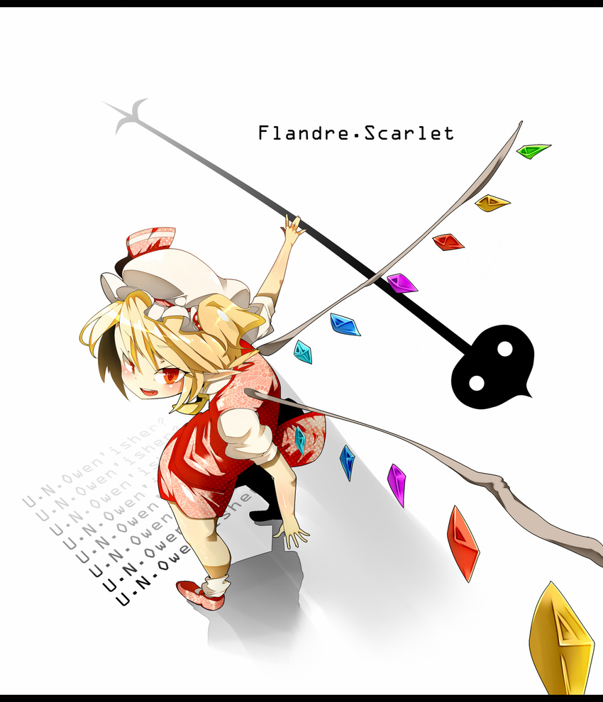ascot blonde_hair character_name crystal flandre_scarlet hair_ribbon hat highres jinkou-kuu laevatein open_mouth pointy_ears puffy_sleeves red_eyes ribbon short_hair short_sleeves solo touhou wings