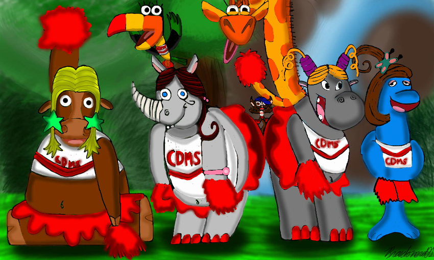 cheerleader dickie_sugarjumper female hat ingrid_giraffe joanie_ox jungle latanya_hippo lupe_toucan male margaret_rhino my_gym_partner's_a_monkey outfit overweight pigtails pom-pom pom_poms ponytail rocks vines water waterfall