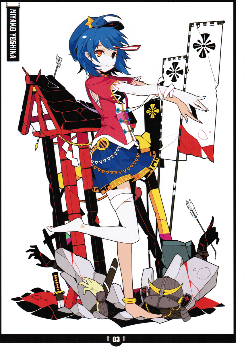 absurdres ahoge anklet armor arrow banner barefoot blood blue_hair full_body hat helmet highres ideolo japanese_armor jewelry kabuto miyako_yoshika nobori outstretched_arms plantar_flexion red_eyes scan shide short_hair skirt solo standing standing_on_one_leg star sword touhou weapon zombie_pose