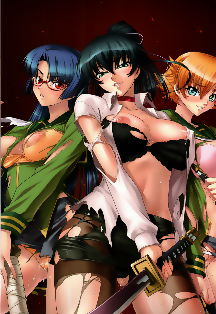 absurdres blonde_hair blue_eyes blue_hair breasts choker glasses green_eyes highres igawa_asagi igawa_sakura kagami large_breasts nipples panties pantyhose ponytail pussy_juice red_eyes short_hair sword taimanin_asagi taimanin_murasaki torn_clothes underwear weapon yatsu_murasaki