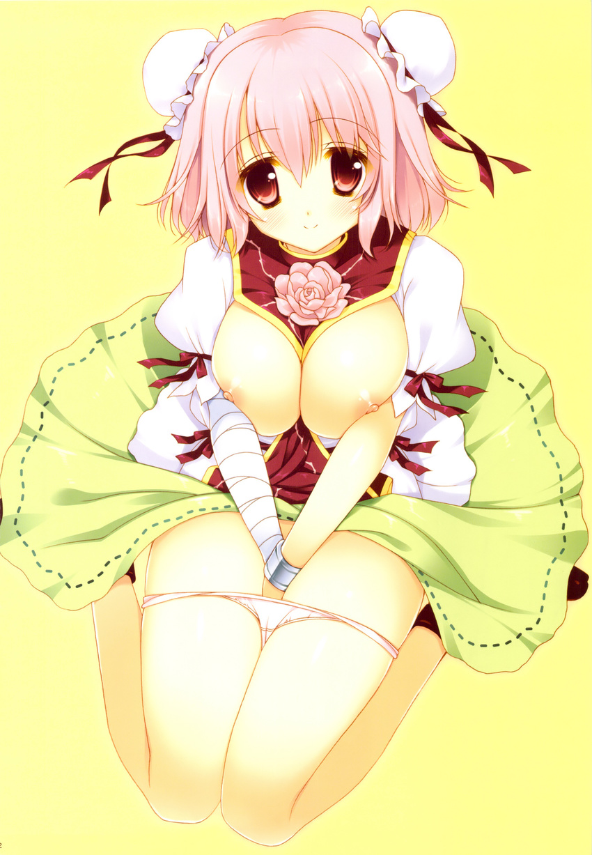 bandages between_breasts breasts breasts_outside covering covering_crotch double_bun flower highres huge_breasts ibaraki_kasen looking_at_viewer nipples panties panty_pull pink_hair puffy_short_sleeves puffy_sleeves red_eyes scan shigunyan short_hair short_sleeves simple_background sitting skirt skirt_lift smile solo tabard touhou underwear v_arms wariza yellow_background