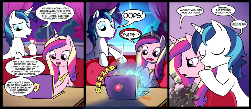 chair comic computer dialog dialogue drink english_text equine female feral friendship_is_magic hair horn horse laptop liquid madmax male malfunction mammal multi-colored_hair my_little_pony pony princess_cadance_(mlp) princess_cadence_(mlp) purple_eyes shining_armor_(mlp) sitting smoke spark table text unicorn winged_unicorn wings