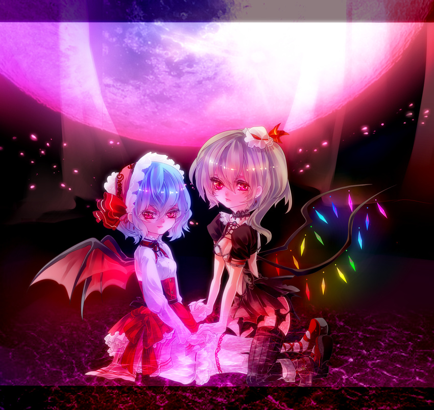 absurdres alternate_costume bat_wings blonde_hair breasts cleavage flandre_scarlet full_moon garter_straps hair_ribbon hat hat_ribbon highres holding_hands long_sleeves medium_breasts moon multiple_girls puffy_sleeves rathke red_eyes remilia_scarlet ribbon short_sleeves side_ponytail sitting slit_pupils smile thighhighs touhou wings