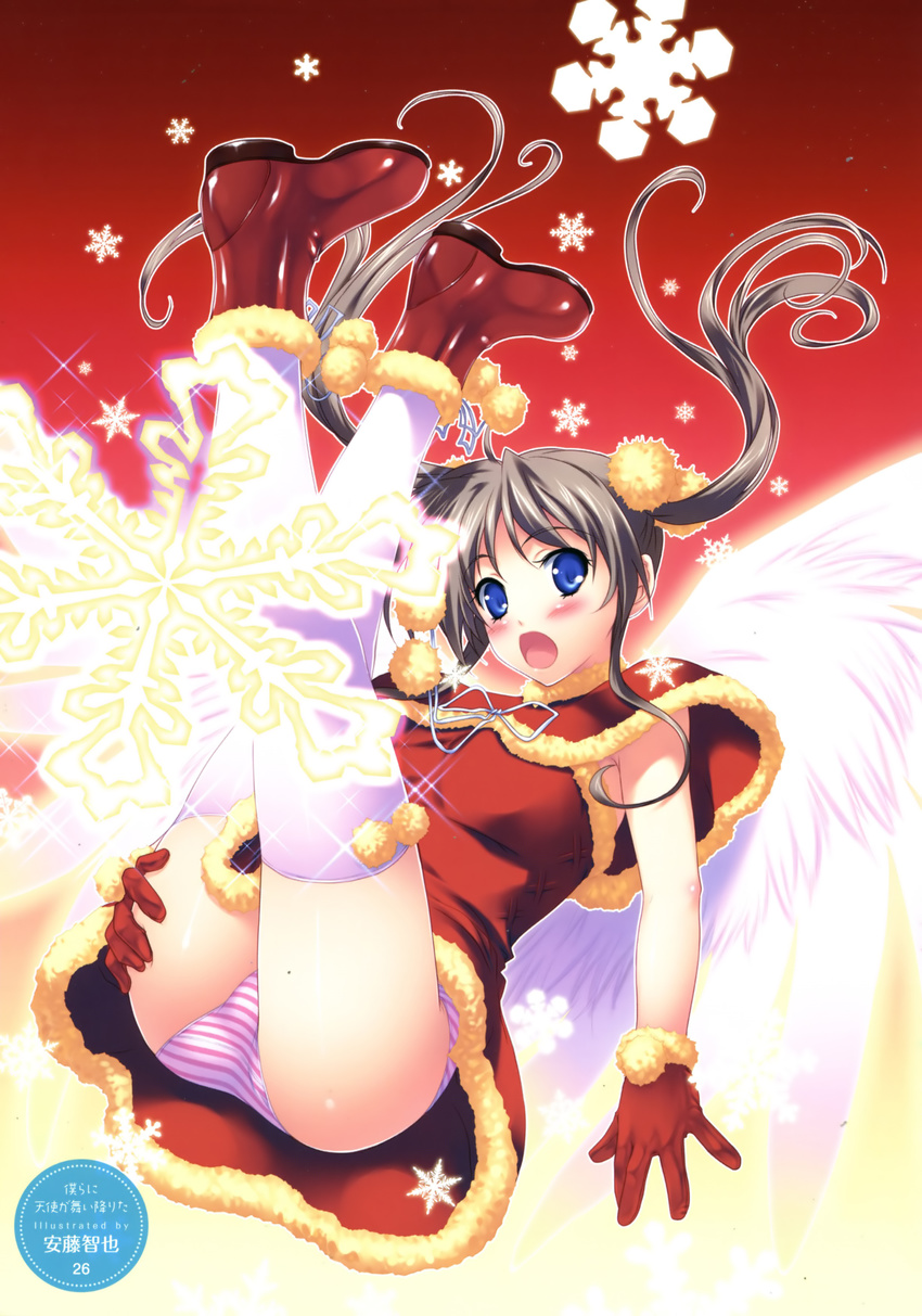 absurdres andou_tomoya artist_name blue_eyes blush boots brown_hair capelet gloves highres legs_up long_hair looking_at_viewer non-web_source open_mouth original outline panties red_gloves scan snowflakes solo striped striped_panties thighhighs twintails underwear white_legwear