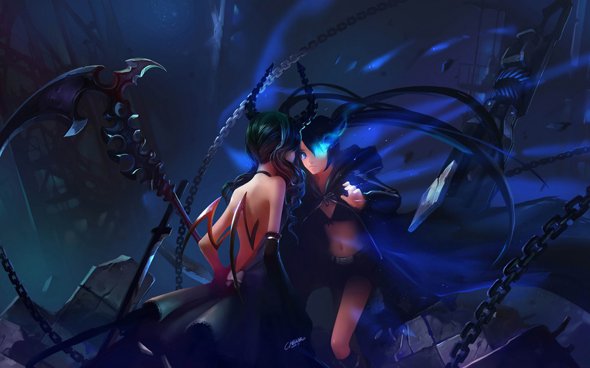 black_hair black_rock_shooter chenbo jpeg_artifacts kuroi_mato shorts sword takanashi_yomi weapon