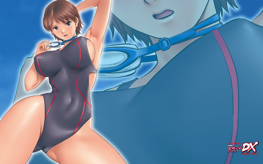 action_pizazz armpits breasts brown_hair competition_swimsuit goggles highres large_breasts one-piece_swimsuit saigadou short_hair sideboob skin_tight solo swimsuit wallpaper zoom_layer