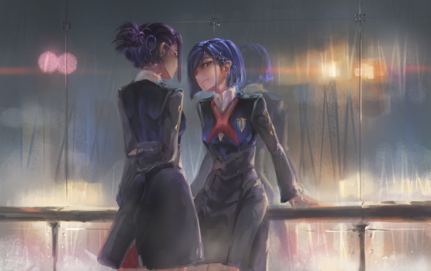 2girls absurdres bangs black_hair blue_hair closed_mouth commentary_request darling_in_the_franxx from_behind glasses hair_ornament hair_over_one_eye hairclip highres ichigo_(darling_in_the_franxx) ikuno_(darling_in_the_franxx) long_hair looking_at_another looking_at_viewer military military_uniform multiple_girls orange_neckwear school_uniform short_hair song_ren traditional_media uniform watercolor_pencil_(medium)