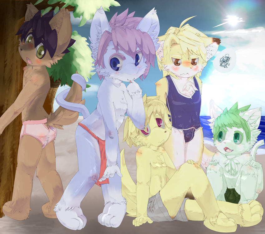 absurd_res beach black_hair blue_eyes blue_fur blush brown_fur bulge butt canine clothed clothing cub dog embarrassed fur green_eyes green_hair hair hi_res looking_back male mammal navel ontsuna red_eyes sea seaside shirt sitting skimpy topless underwear water white_fur yellow_fur young