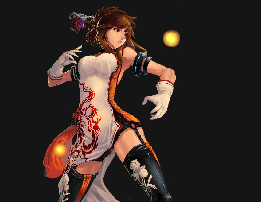 armlet armpits bare_shoulders black_background black_legwear breasts brown_eyes brown_hair chinese_clothes dungeon_and_fighter fighter_(dungeon_and_fighter) fighting_stance floral_print garter_straps gloves hair_ornament hair_stick highres medium_breasts nen_master_(dungeon_and_fighter) orb parted_lips qbspdl serious shirt short_hair simple_background solo taut_clothes taut_shirt thighhighs white_gloves