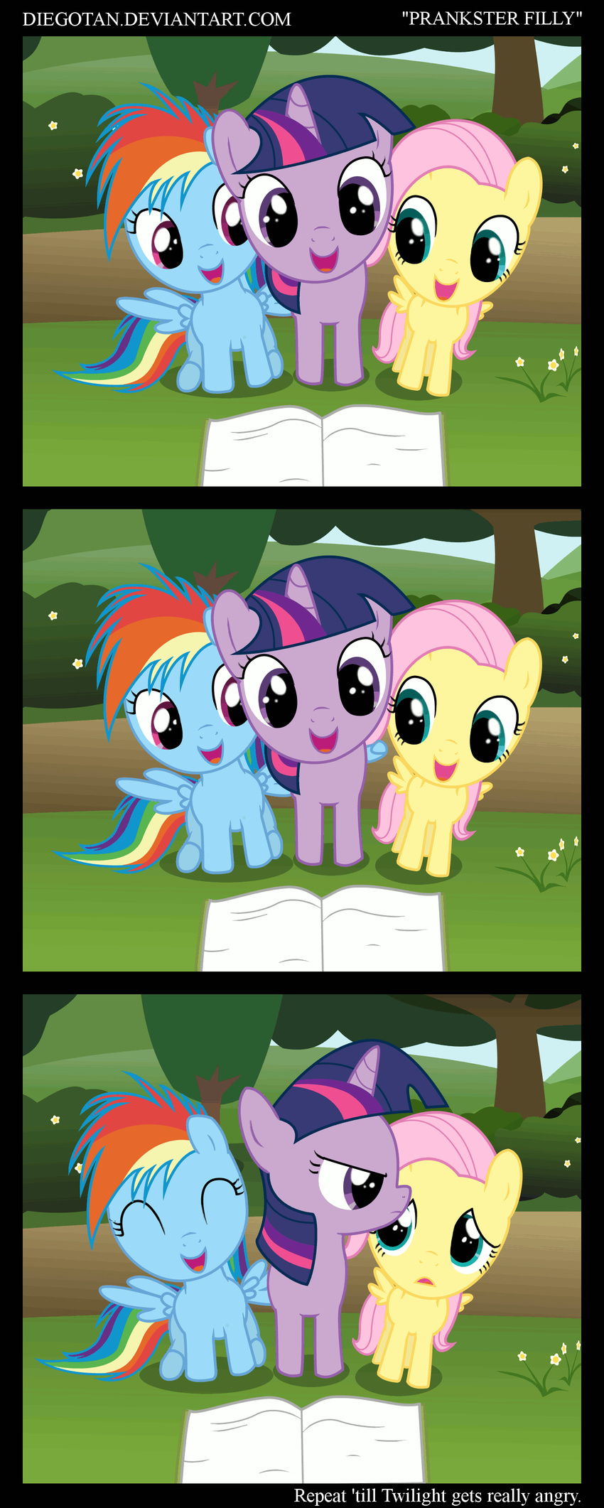 annoyed blue_body book bush comic cub diegotan equine female feral flower fluttershy_(mlp) friendship_is_magic grass green_eyes hair happy hi_res horn horse loop magenta_eyes mammal multi-colored_hair my_little_pony open_mouth outside pegasus pink_hair pony prank purple_body purple_eyes purple_hair rainbow_dash_(mlp) rainbow_hair reading three_color_hair tree twilight_sparkle_(mlp) unicorn wings wood yellow_body young