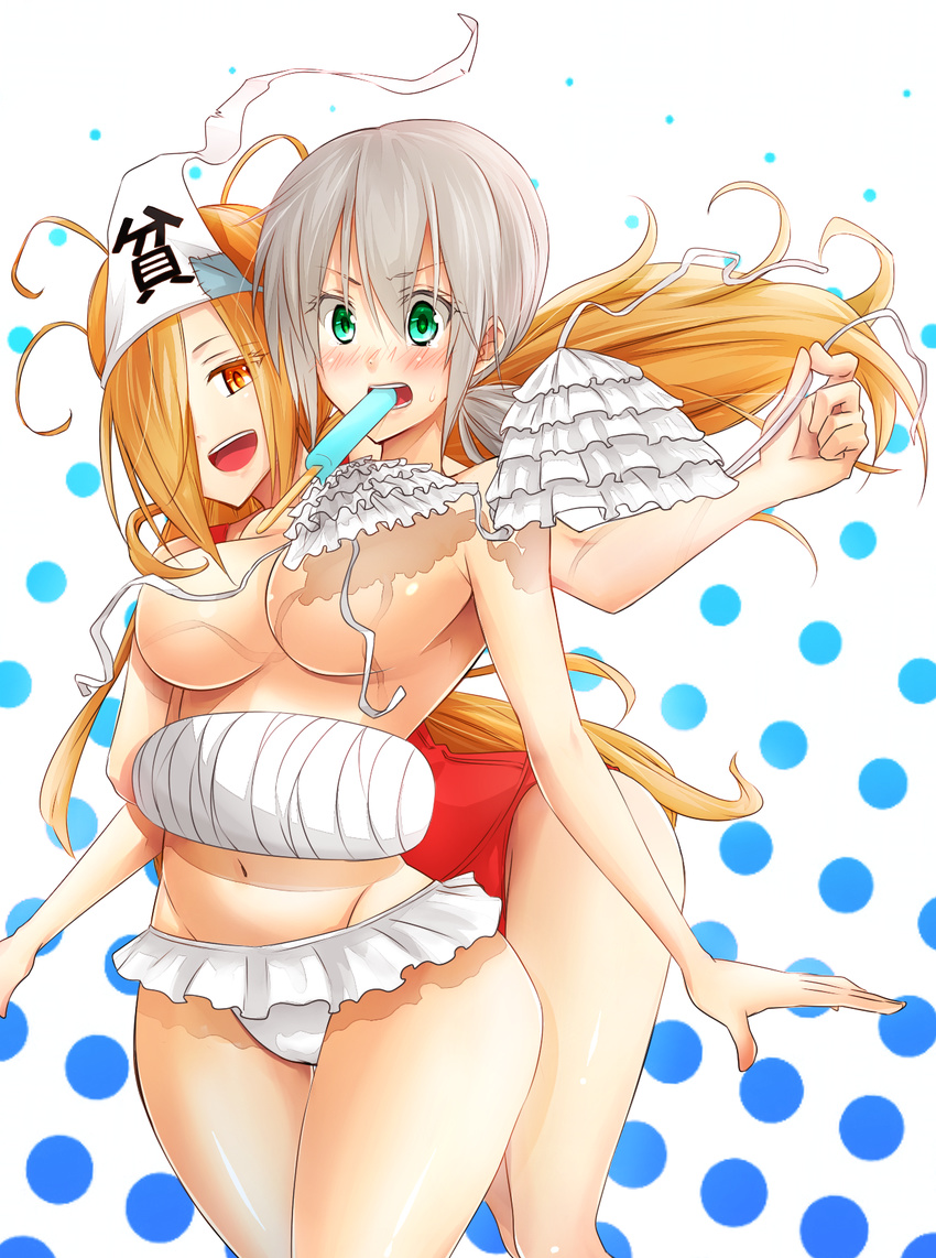 assisted_exposure bikini bikini_top_removed binbougami_ga! blonde_hair blush breasts cast censored clothes_theft convenient_censoring couple embarrassed food frilled_bikini frills fuku green_eyes hair_over_one_eye highres hug hug_from_behind large_breasts long_hair messy_hair momiji_(binbougami_ga!) multiple_girls navel one-piece_swimsuit open_mouth ponytail popsicle sakura_ichiko short_hair silver_hair smile standing swimsuit swimsuit_theft tears theft thigh_gap triangular_headpiece untied white_bikini yellow_eyes yuri