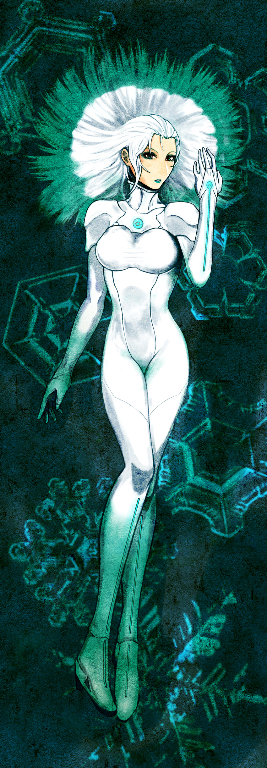 absurdres bodysuit breasts green_eyes highres long_hair long_image looking_at_viewer max_anarchy sasha_ivanoff sega skin_tight snowflakes tall_image white_hair