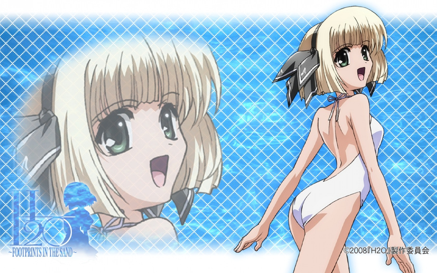 ass blonde_hair green_eyes h2o_footprints_in_the_sand hairband looking_back okuda_atsushi one-piece_swimsuit open_mouth otoha short_hair solo swimsuit wallpaper