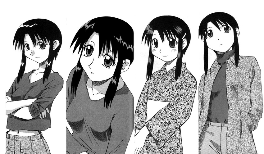 azuma_kiyohiko azumanga_daiou greyscale highres japanese_clothes kimono kurosawa_minamo midriff monochrome official_art short_hair sidelocks