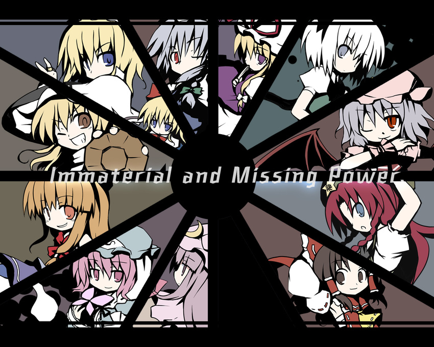 alice_margatroid ascot bat_wings blonde_hair blue_eyes bow braid brown_eyes brown_hair bug butterfly capelet crescent crescent_hair_ornament detached_sleeves dollar duplicate grin hair_bow hair_ornament hair_tubes hairband hakurei_reimu hat hitodama hong_meiling ibuki_suika immaterial_and_missing_power insect izayoi_sakuya kirisame_marisa konpaku_youmu long_hair looking_at_viewer looking_back mini-hakkero mob_cap multiple_girls one_eye_closed open_mouth orange_eyes orange_hair patchouli_knowledge pink_eyes pink_hair puffy_short_sleeves puffy_sleeves purple_eyes purple_hair red_eyes red_hair remilia_scarlet saigyouji_yuyuko short_hair short_sleeves silver_hair smile text_focus touhou triangular_headpiece twin_braids wallpaper wings witch_hat wrist_cuffs yakumo_yukari