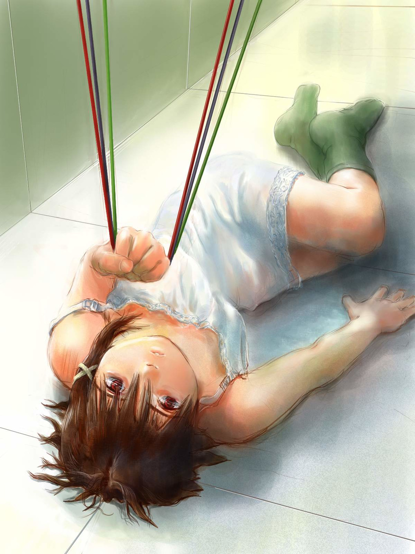 asymmetrical_hair brown_hair cable chemise dress hair_ornament hairclip highres iwakura_lain lying messy_hair rana7 red_eyes serial_experiments_lain short_hair socks solo strap_slip