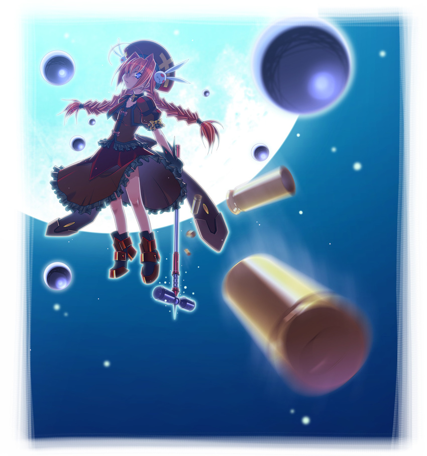 ankle_boots beret boots braid floating floating_object flying full_body full_moon graf_eisen hat highres long_hair long_sleeves looking_at_viewer lyrical_nanoha mahou_shoujo_lyrical_nanoha mahou_shoujo_lyrical_nanoha_a's mahou_shoujo_lyrical_nanoha_strikers moon night night_sky sakuya_tsuitachi sky solo twin_braids very_long_hair vita