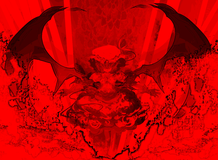 bat_wings monochrome red red_background remilia_scarlet solo touhou wings yoshioka_yoshiko