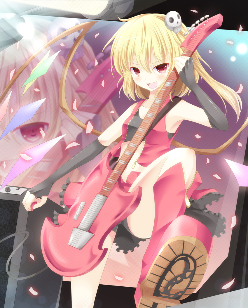 aibumi bad_id bad_pixiv_id blonde_hair electric_guitar fang flandre_scarlet guitar hair_ornament highres instrument open_mouth red_eyes short_hair side_ponytail sleeveless solo touhou wings