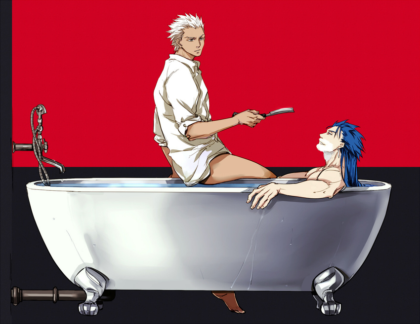 archer bathtub crimo fate/stay_night fate_(series) grey_eyes lancer long_hair male_focus multiple_boys no_pants ponytail razor red_eyes shaving_cream tan white_hair