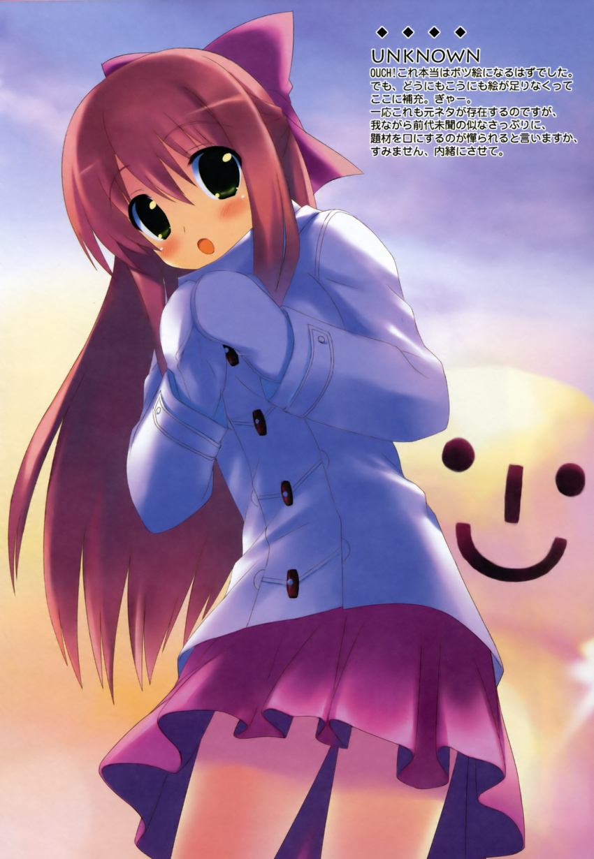 :o absurdres blush bow brown_hair copyright_request gloves green_eyes hair_bow highres kiba_satoshi long_hair looking_at_viewer scan skirt solo