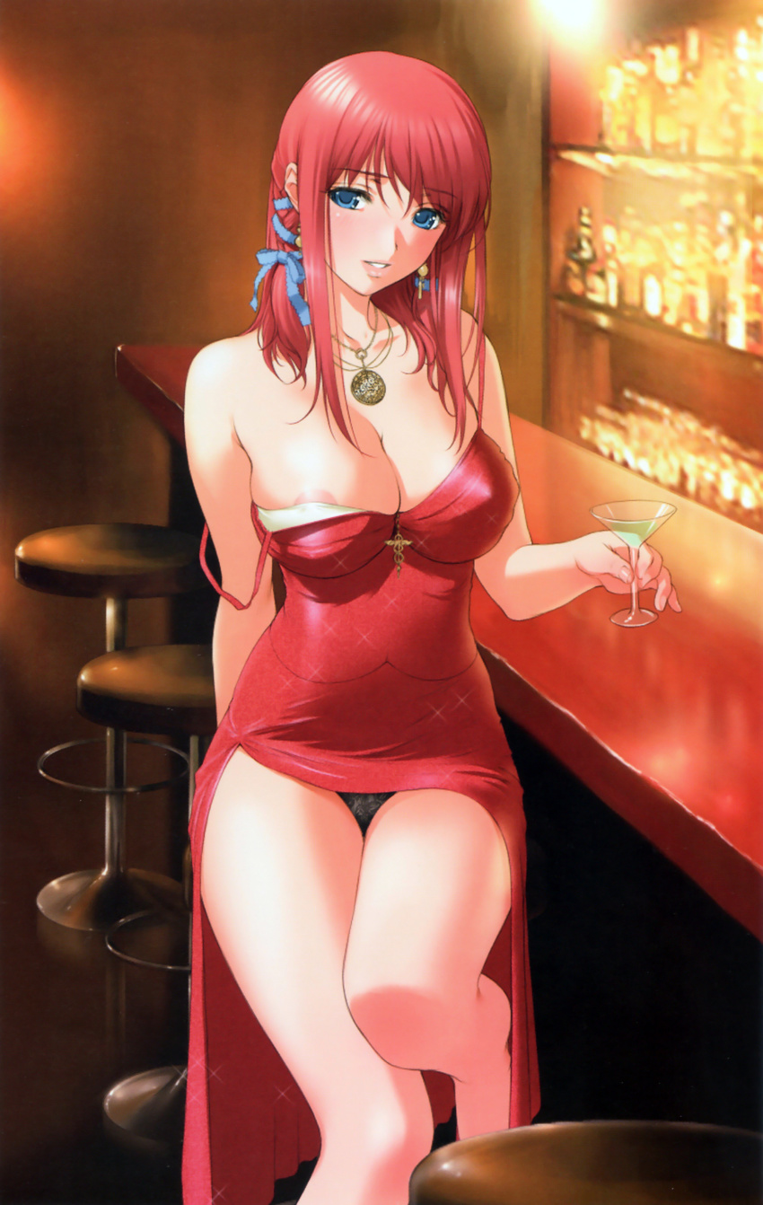 absurdres amanogawa_subaru amulet areola_slip areolae arm_behind_back bangs bar bar_stool bare_legs bare_shoulders black_panties blue_eyes blurry blush breasts cleavage dress drink drunk earrings grin hair_ribbon highres holding indoors jewelry lace lace-trimmed_panties large_breasts leg_lift lips long_dress long_hair looking_at_viewer majodou martini necklace official_art panties pantyshot pantyshot_(sitting) parted_lips pendant photo_background red_dress red_hair ribbon sano_toshihide scan side_slit sidelocks sitting smile solo sparkle stool strap_slip underwear wardrobe_malfunction wide_hips