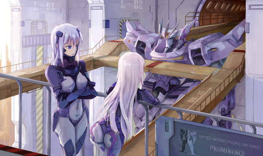 2girls ass bodysuit cryska_barchenowa d.b.spark inia_sestina long_hair mecha muv-luv pink_hair purple_eyes purple_hair