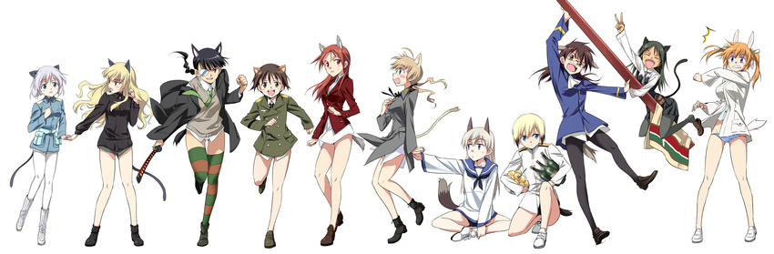 /\/\/\ 501st_joint_fighter_wing 6+girls absurdres agahari alcohol alternate_costume alternate_hairstyle animal_ears bare_legs bespectacled black_hair black_legwear black_pantyhose blonde_hair blue_eyes blush boots bottle braid brown_eyes brown_hair bunny_ears cat_ears cat_tail charlotte_e_yeager cosplay costume_switch dog_ears eila_ilmatar_juutilainen erica_hartmann everyone eyepatch fang fork fox_ears francesca_lucchini gertrud_barkhorn glasses green_eyes hair_down highres katana long_hair long_image lynette_bishop military military_uniform minna-dietlinde_wilcke miyafuji_yoshika multiple_girls necktie no_glasses open_mouth panties pantyhose perrine_h_clostermann potato potatoes purple_eyes red_eyes red_hair running sakamoto_mio sanya_v_litvyak shoe_dangle short_hair silver_hair simple_background sitting standing_on_one_leg strike_witches striped striped_legwear striped_panties surprised sword tail thighhighs twintails underwear uniform v weapon white_legwear white_pantyhose wide_image wine yellow_eyes