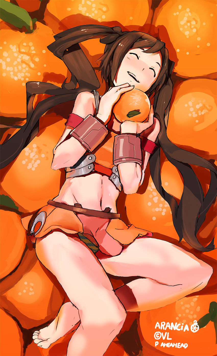 aheahead arancia barefoot blush bracelet breastplate brown_hair closed_eyes food fruit highres holding jewelry long_hair lying microskirt midriff on_back orange orange_(color) orange_skirt original panties pantyshot pantyshot_(lying) shadow skirt smile solo striped striped_panties twintails underwear