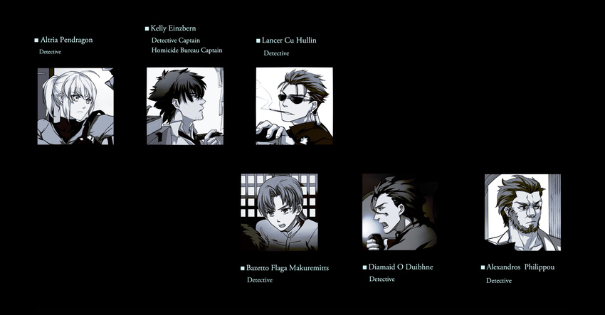 4boys artoria_pendragon_(all) badge bazett_fraga_mcremitz character_name crimo csi emiya_kiritsugu engrish fate/hollow_ataraxia fate/stay_night fate/zero fate_(series) lancer lancer_(fate/zero) monochrome multiple_boys multiple_girls parody ranguage rider_(fate/zero) saber sunglasses