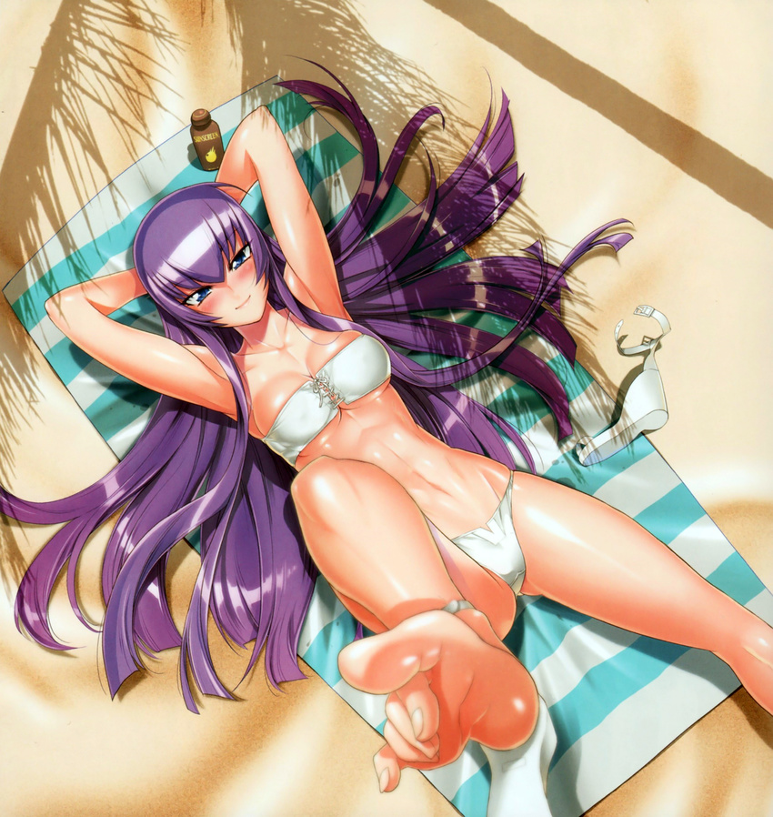 absurdres anklet armpits arms_up bandeau bare_legs bare_shoulders barefoot beach bikini blue_eyes bottle breasts busujima_saeko cleavage feet foreshortening highres highschool_of_the_dead jewelry leg_lift long_hair looking_at_viewer lotion_bottle lying medium_breasts navel on_back purple_hair satou_shouji scan shadow shiny shiny_skin shoes_removed smile soles solo swimsuit toes towel underboob very_long_hair white_bikini