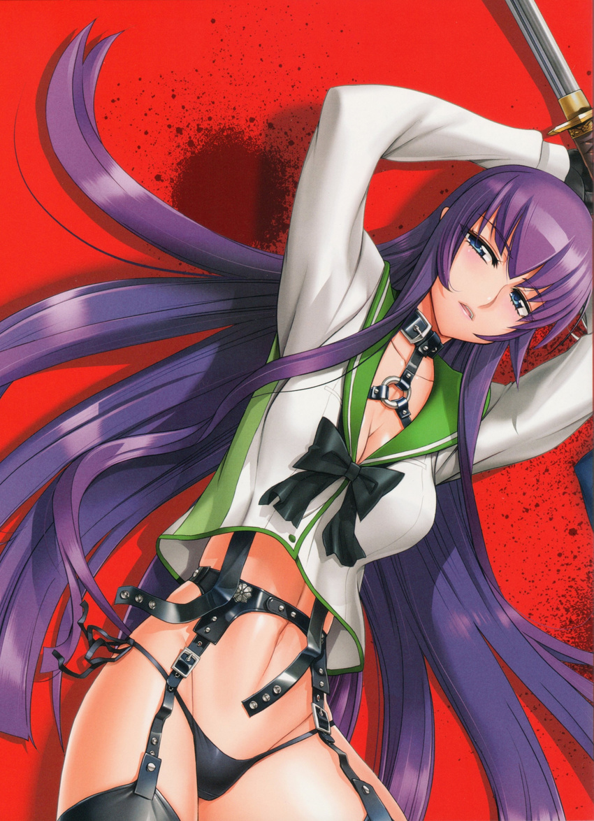 absurdres bdsm blue_eyes bondage_harness busujima_saeko female garter_belt harness highres highschool_of_the_dead laying_down long_hair lying official_art open_mouth panties purple_hair satou_shouji school_uniform side-tie_panties slave solo stockings sword thighhighs underwear weapon