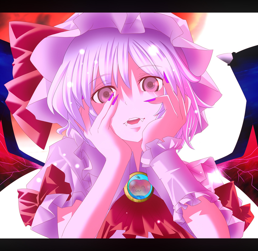 :3 apple food fruit hands_on_own_cheeks hands_on_own_face hat hat_ribbon open_mouth pink_hair puffy_sleeves purple_eyes ramutaizumu remilia_scarlet ribbon short_hair short_sleeves solo touhou wings yandere_trance