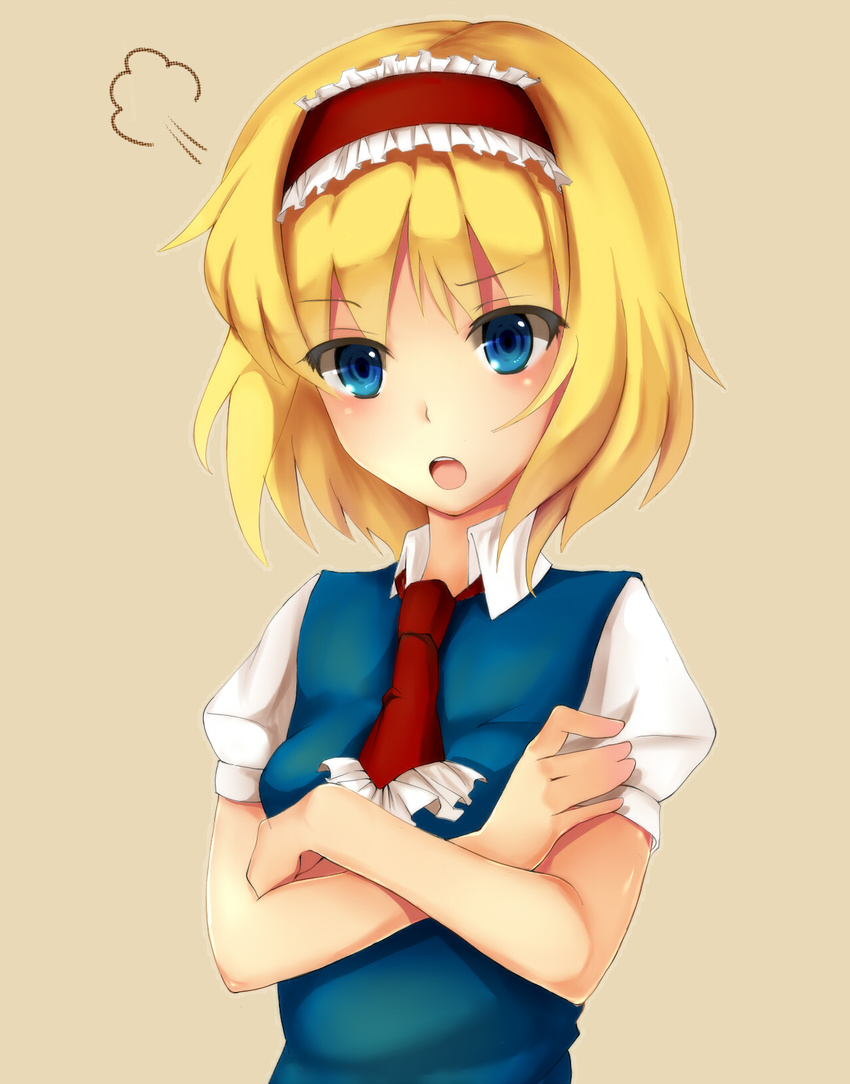 =3 alice_margatroid angry ascot blonde_hair blue_eyes blue_shirt blush commentary_request crossed_arms hairband highres lolita_hairband looking_at_viewer monoto open_mouth puffy_short_sleeves puffy_sleeves shirt short_hair short_sleeves solo touhou upper_body