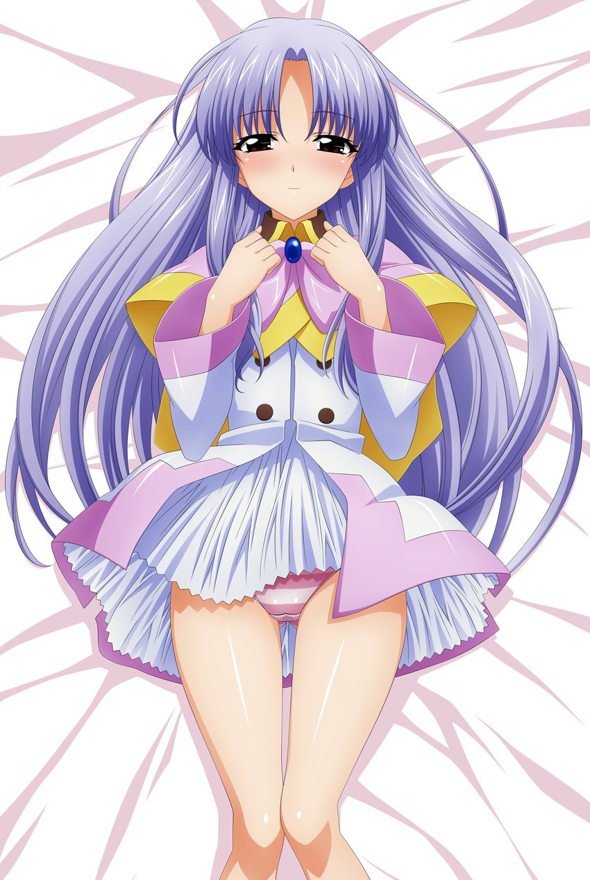 absurdres azmaria_hendric chrono_crusade dakimakura dress dress_lift highres long_hair lying on_back panties purple_hair red_eyes solo striped striped_panties sugimura_tomokazu underwear