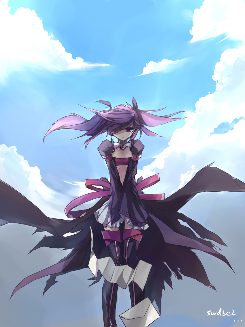 aisha_(elsword) artist_name bad_id bad_pixiv_id bandeau boots cloud day dress elsword expressionless hair_over_one_eye highres letter purple_dress purple_eyes purple_footwear purple_hair purple_legwear purple_skirt purple_sleeves short_hair skirt sky solo swd3e2 thigh_boots thighhighs twintails v_arms void_princess_(elsword)