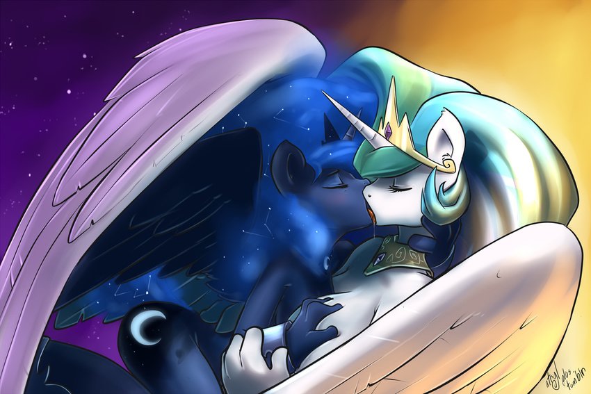 anthrofied atryl blue_hair breasts butt crown cutie_mark duo equine female friendship_is_magic hair horn horse incest kissing lesbian mammal multi-colored_hair my_little_pony nipples pony princess princess_celestia_(mlp) princess_luna_(mlp) royalty winged_unicorn wings