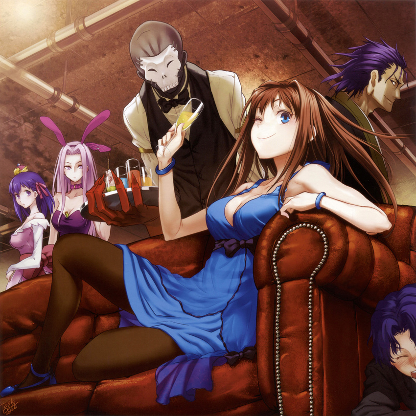3girls ;) absurdres alcohol animal_ears aozaki_aoko bare_shoulders between_breasts black_skin blue_eyes bracelet breasts bridal_gauntlets brown_hair bunny_ears butler champagne choker cleavage company_connection couch dress drink fate/stay_night fate/tiger_colosseum fate/zero fate_(series) glass gown hair_intakes hat highres jewelry large_breasts long_hair mahou_tsukai_no_yoru mask matou_sakura matou_shinji matou_zouken mini_hat multiple_boys multiple_girls official_style one_eye_closed pantyhose pipes purple_eyes purple_hair reclining rider short_hair smile task_owner time_paradox true_assassin type-moon wavy_hair
