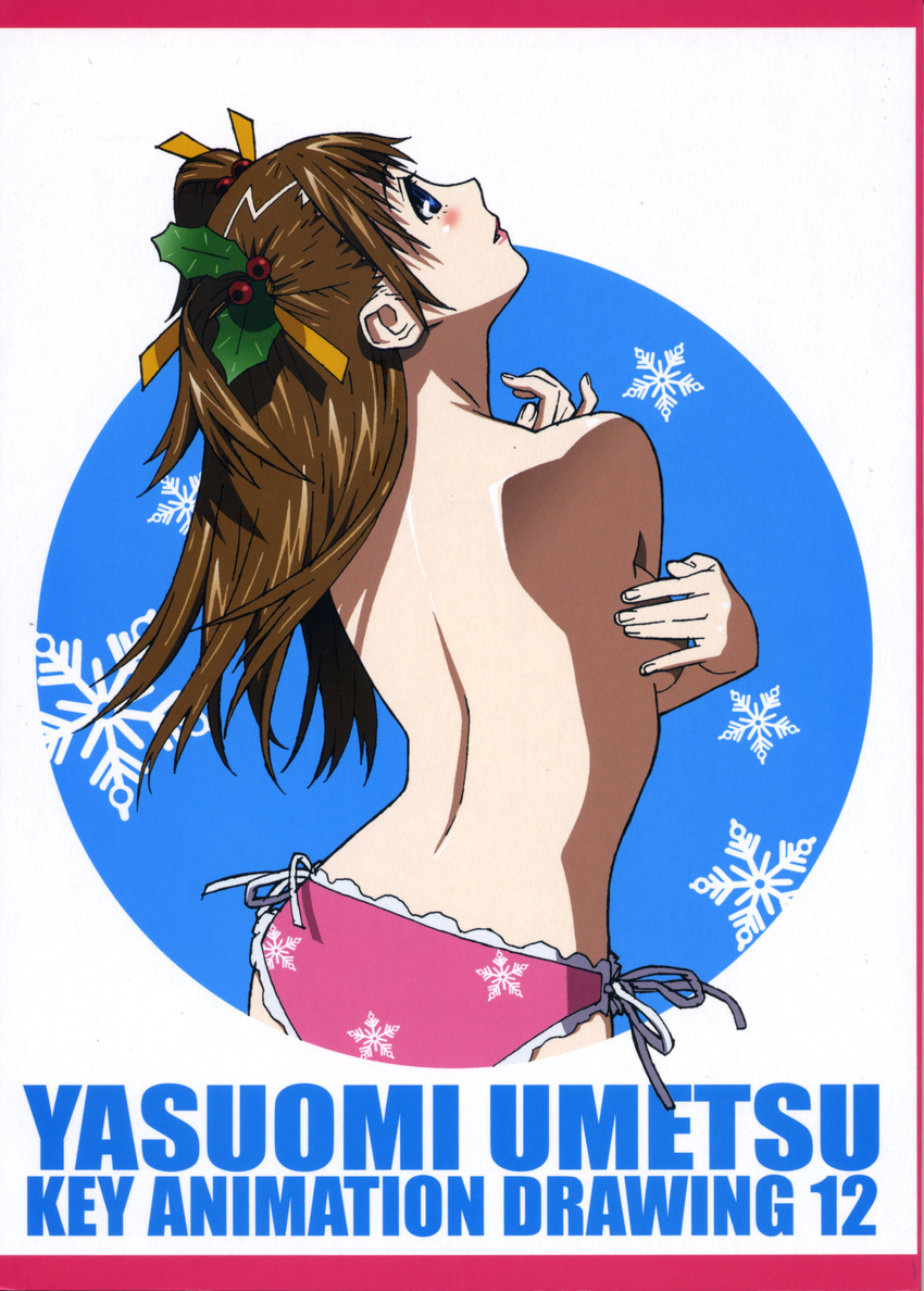 absurdres back back_cover blue_eyes blush blush_stickers breast_hold breasts brown_hair copyright_request cover covering covering_one_breast doujinshi frills hair_ornament hair_ribbon highres long_hair medium_breasts navel panties print_panties ribbon side-tie_panties snowflakes solo topless twintails umetsu_yasuomi underwear underwear_only