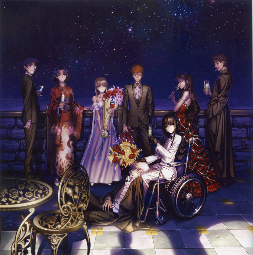 5boys absurdres ahoge alcohol artoria_pendragon_(all) bare_shoulders blonde_hair bouquet brown_hair champagne cigarette company_connection creator_connection crossover decoration_disorder_disconnection dress drinking emiya_kiritsugu emiya_shirou fate/stay_night fate_(series) flower formal gloves gown highres hiroe_rei ishizue_arika japanese_clothes kara_no_kyoukai karyou_kaie kimono kokutou_mikiya long_hair multiple_boys multiple_girls otoko_no_ko ryougi_shiki saber short_hair sky star_(sky) starry_sky suit toosaka_rin two_side_up type-moon wheelchair