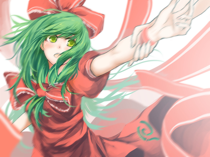 bow front_ponytail green_eyes green_hair hair_bow hands highres kagiyama_hina long_hair metalwasabi open_mouth puffy_sleeves short_sleeves solo touhou